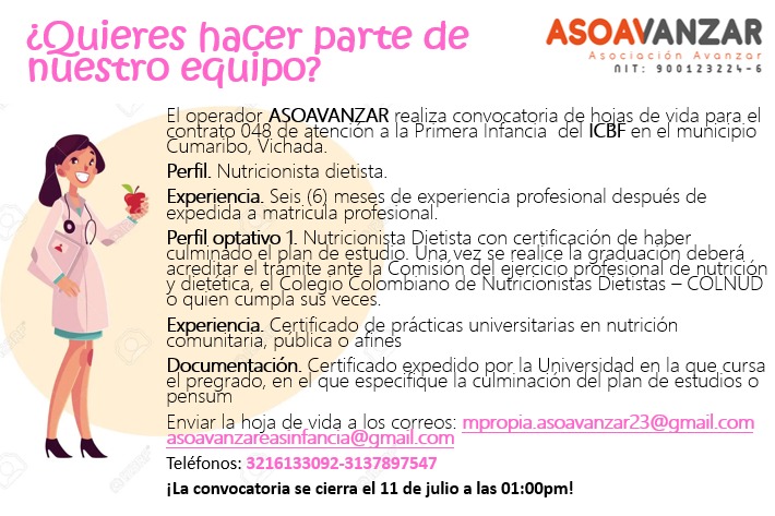 El operador ASOAVANZAR realiza convocatoria de hojas de vida para el contrato 048 de atención a la primera infancia del ICBF en el municipio de Cumaribo - Vichada.