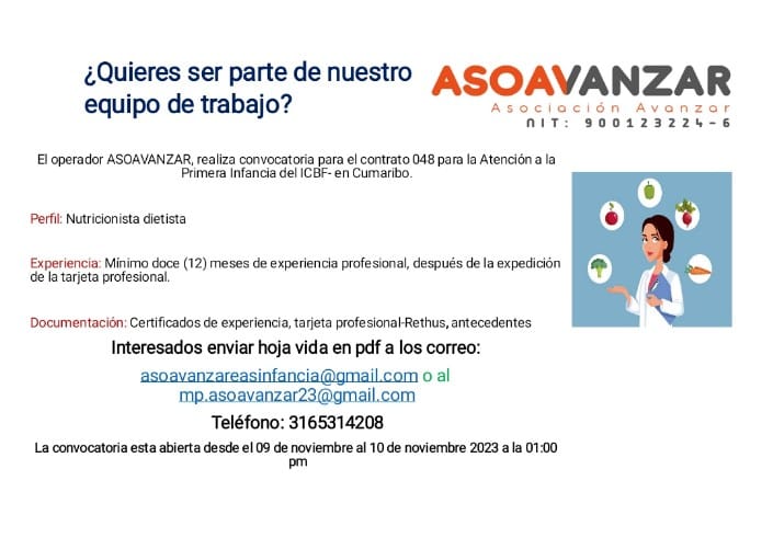 El operador ASOAVANZAR realiza convocatoria de hojas de vida para el contrato 048 de atención a la primera infancia del ICBF como nutricionista dietarais.